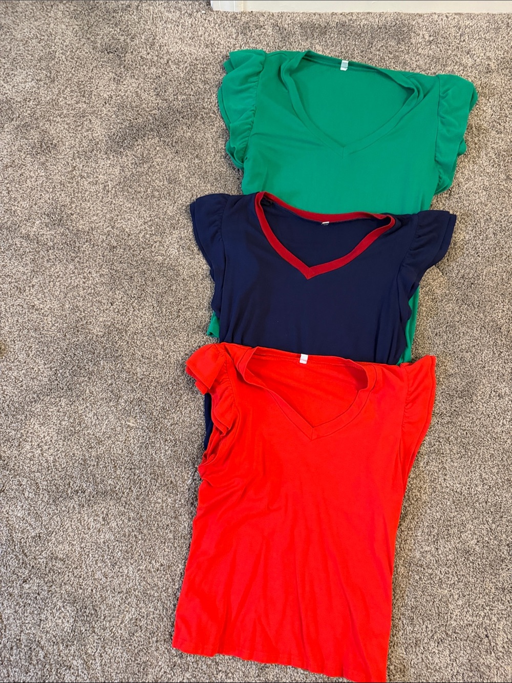 Womans Ruffle-Sleeve V-Neck Top - Red, Navy & Green